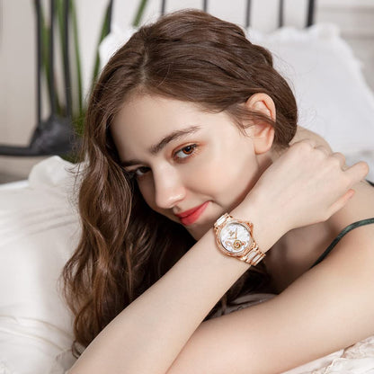 OLEVS Automatic Watches for Women Rose Gold Fashion Diamond Dress Ladies Wrist Watch Self Winding Mechanical Two Tone Ceramic Band Waterproof