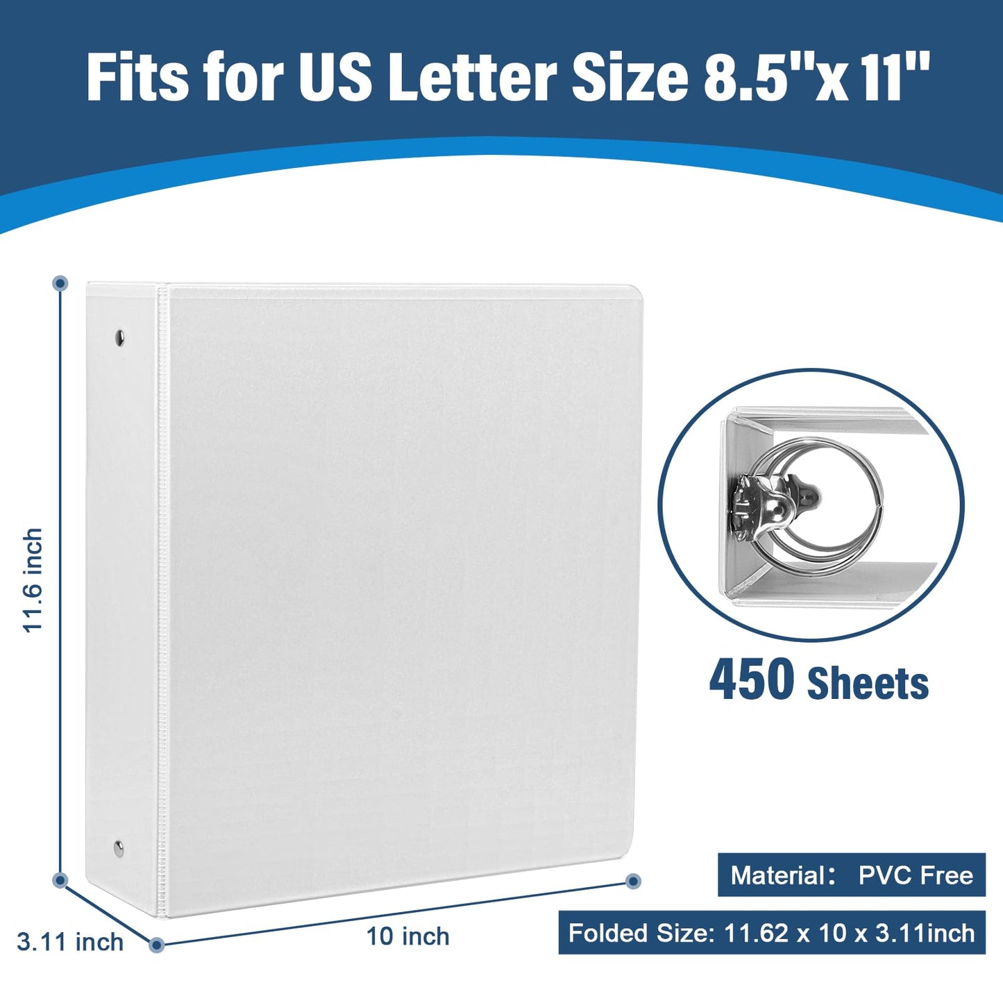 1.5-Inch 3-Ring Binder with Pockets, 1-1/2’’ Premium View Binders with Three Ring Binders Holds up to 325 Sheets US Letter Size, Bulk Pack of 6, Perfect for Home, Office, and School (1.5-inch) White