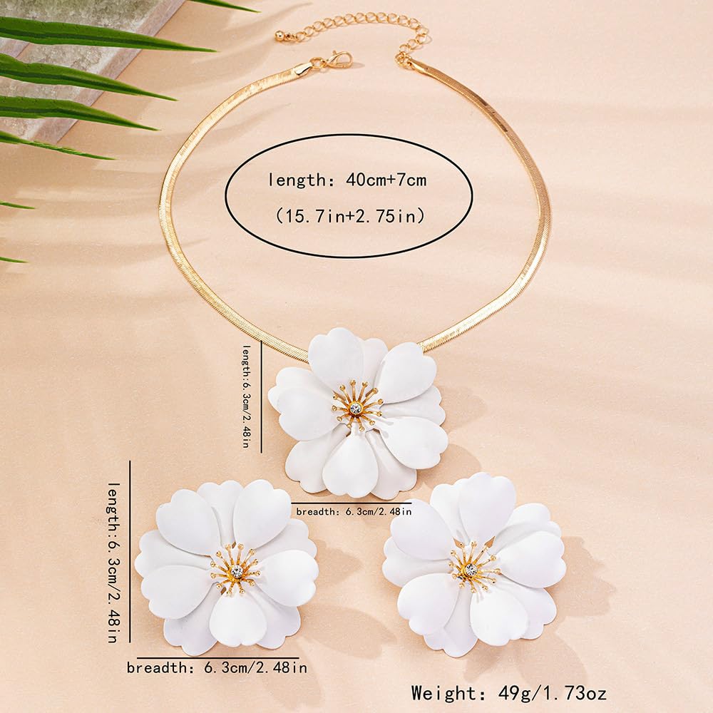 Vintage Flower Necklace Earring Set Gold Snake Chain Necklace Bohemian Red Flowers Choker Necklaces Hypoallergenic Statement Flower Stud Earrings Elegant Bridal Wedding Summer Beach Jewelry