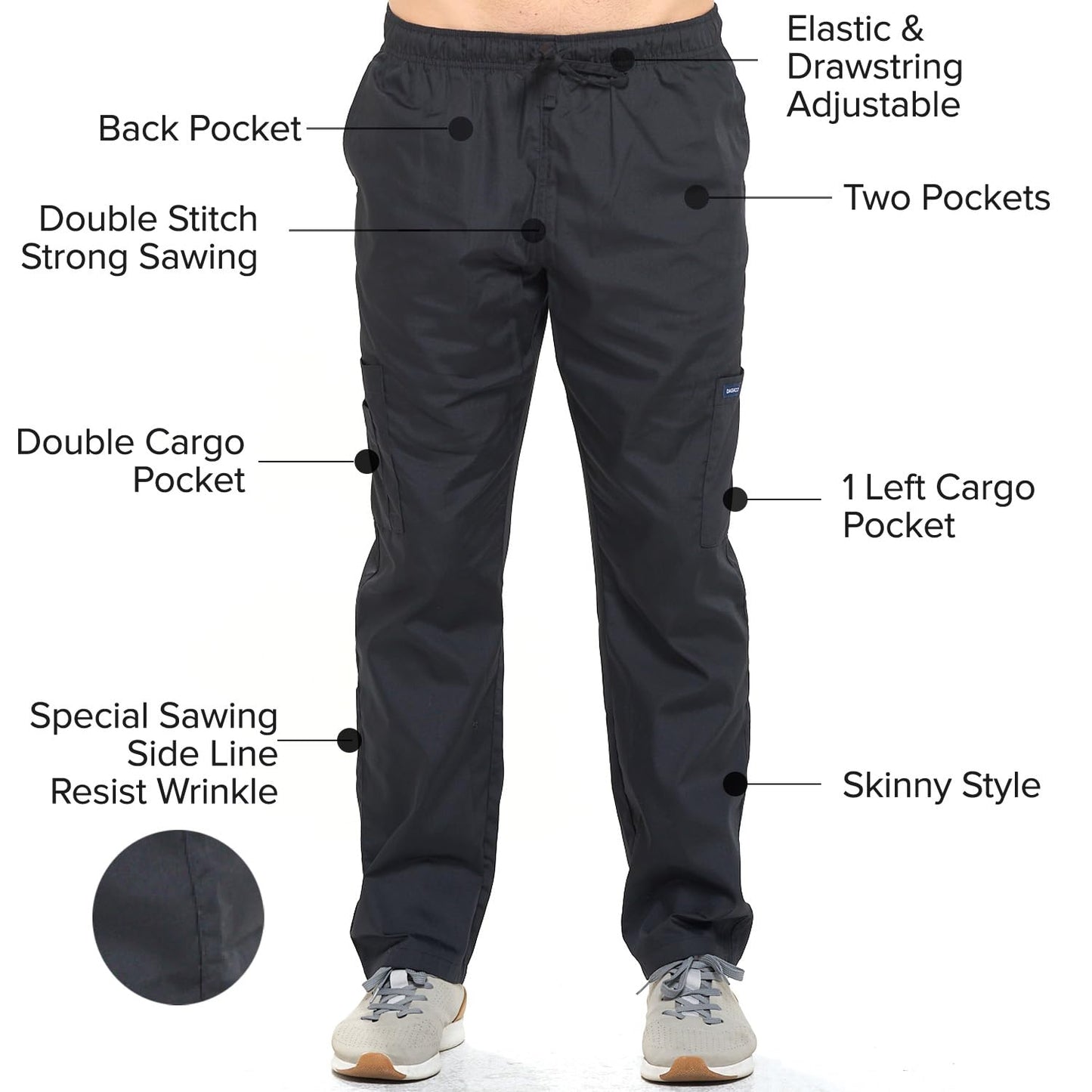Dagacci Medical Uniform® Men's V-Neck Cargo Scrubs | Cotton Blend, Matching Top and Cargo Pants Set, 8 Pockets, Elastic Drawcord Waistband, for Men in Healthcare
