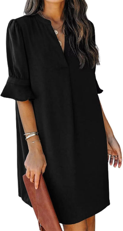 QACOHU Womens Summer Casual V Neck Shift Mini Dress | Flowy Swing Basic Loose Dresses, Ruffle Short Sleeve, Straight, Floral Boho Style, Wedding Guest Beach Vacation Outfits