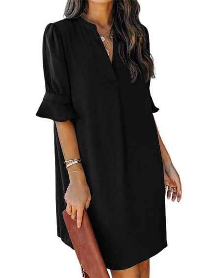 QACOHU Womens Summer Casual V Neck Shift Mini Dress | Flowy Swing Basic Loose Dresses, Ruffle Short Sleeve, Straight, Floral Boho Style, Wedding Guest Beach Vacation Outfits