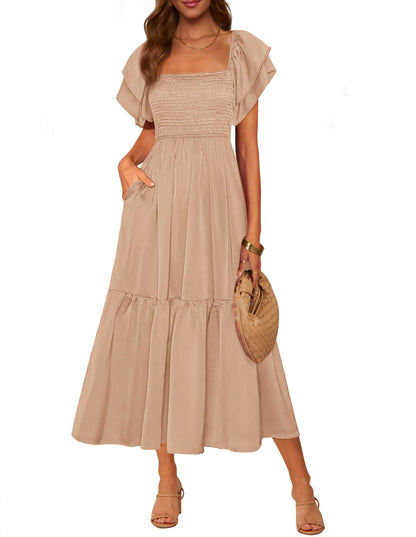 MASCOMODA Womens Summer Casual Midi Dress Square Neck Ruffle Short Sleeve Smocked High Waist A Line Wedding Guest Dresses