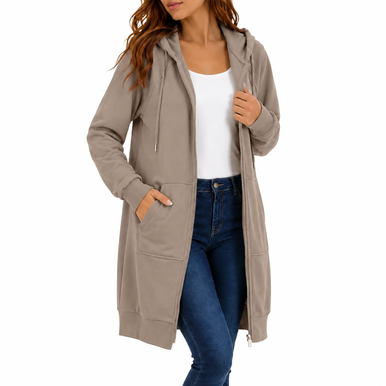 Womens Long Zip Up Hoodie Jacket Casual Open Front Tunic Sweatshirt with Pockets Fleece Lightweight Fall Winter Coat