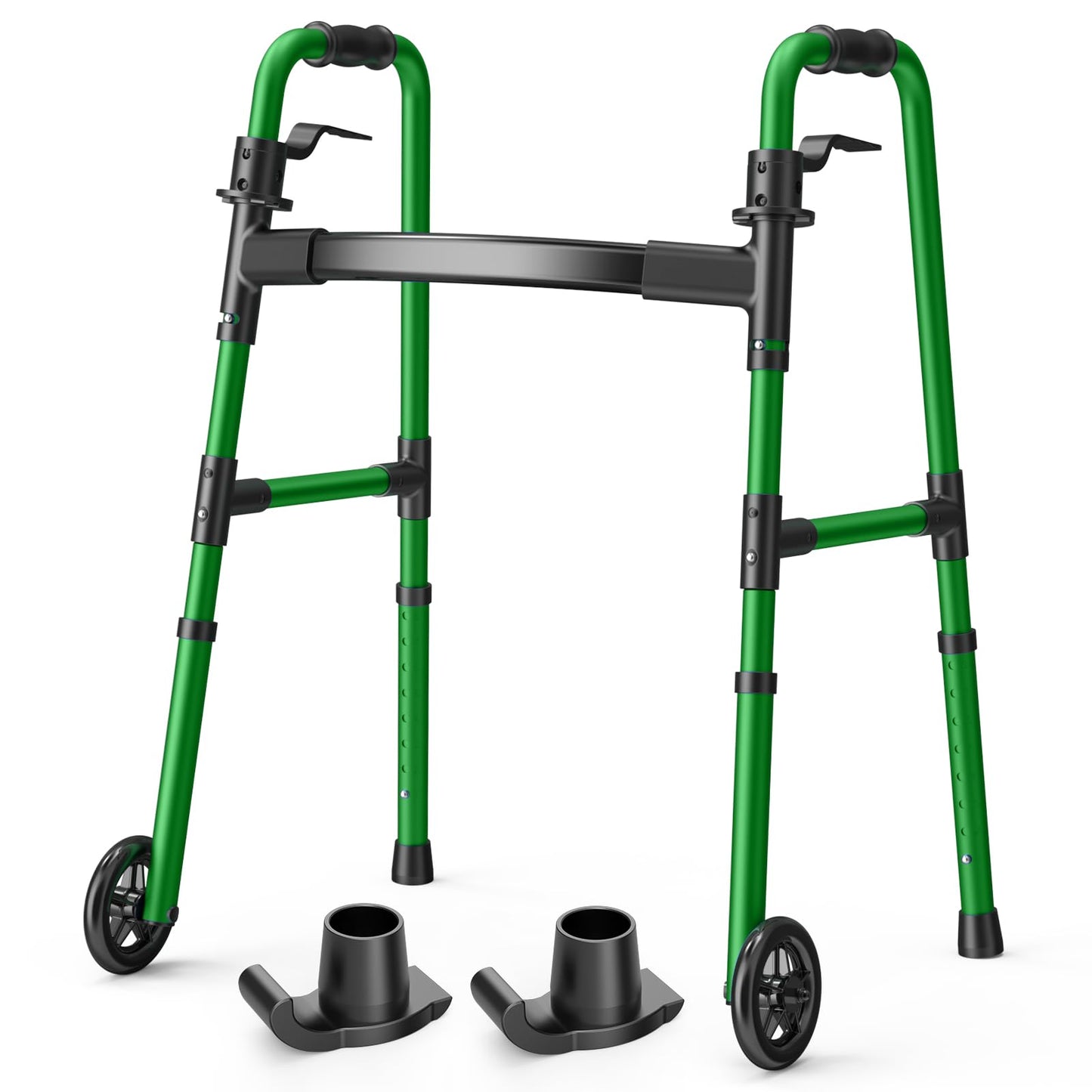 Loyoda Folding Walker with 2 Skis and 5" Wheels, Lightweight Walkers for Seniors and Adults, Supports Up to 350 Pounds, Adjustable Height, Compact Standard Walker, Black