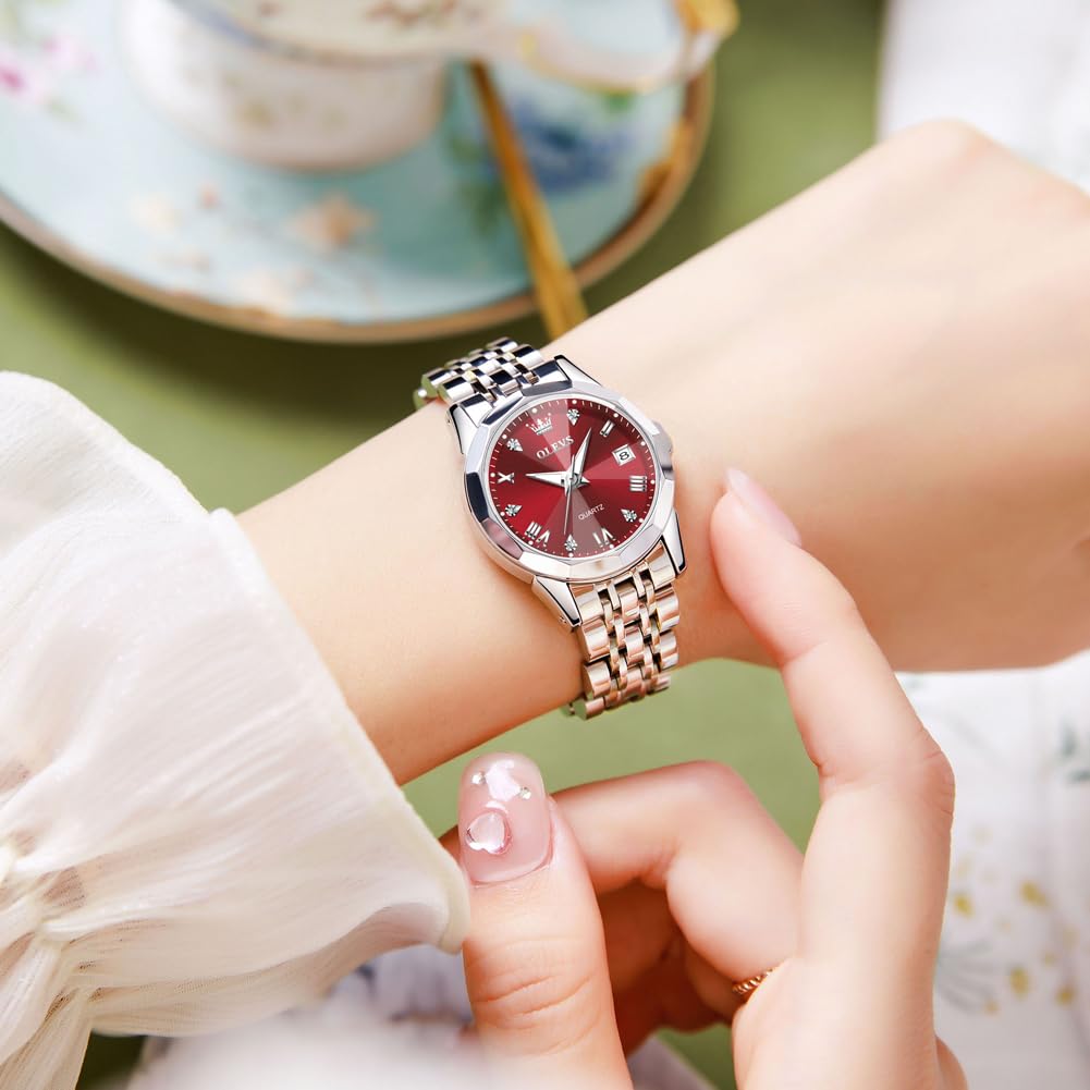 OLEVS Watches Women with Date Silver Stainless Steel Luxury Ladies Watches with Small Writs Diamond Watches for Women Waterproof Elegant Dress Quartz Analog Women's Wrist Watches Reloj de Mujer