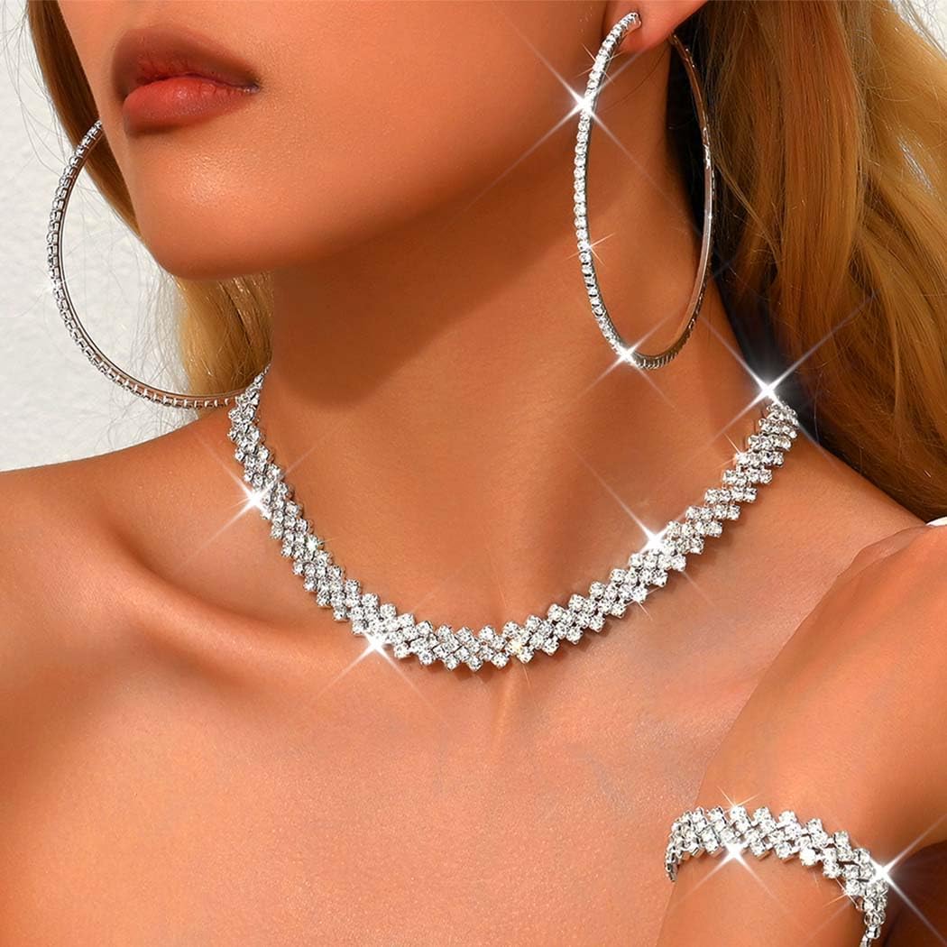 Unicra Black Jewelry Sets Rhinestone Necklace Hoop Earrings Bracelet Set Prom Formal Sparkly Costume Jewelry Sets for Women