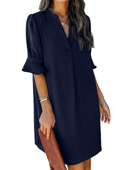 QACOHU Womens Summer Casual V Neck Shift Mini Dress | Flowy Swing Basic Loose Dresses, Ruffle Short Sleeve, Straight, Floral Boho Style, Wedding Guest Beach Vacation Outfits