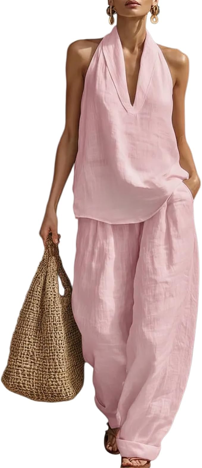 Womens Linen 2 Piece Sets 2026 Sleeveless V-Neck Halter Top Matching Baggy Wide Leg Pants Summer Lounge Set Vacation Outfits