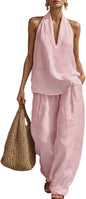 Womens Linen 2 Piece Sets 2026 Sleeveless V-Neck Halter Top Matching Baggy Wide Leg Pants Summer Lounge Set Vacation Outfits