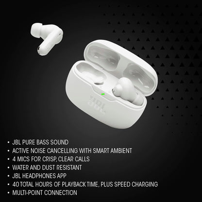 JBL Vibe Beam 2 - True Wireless Noise Cancelling Earbuds with JBL Pure Bass Sound & Smart Ambient technology, 4mics for crisp, clear calls, up to 40Hrs of Playback, IP54 Dust & Water resistant (Black)