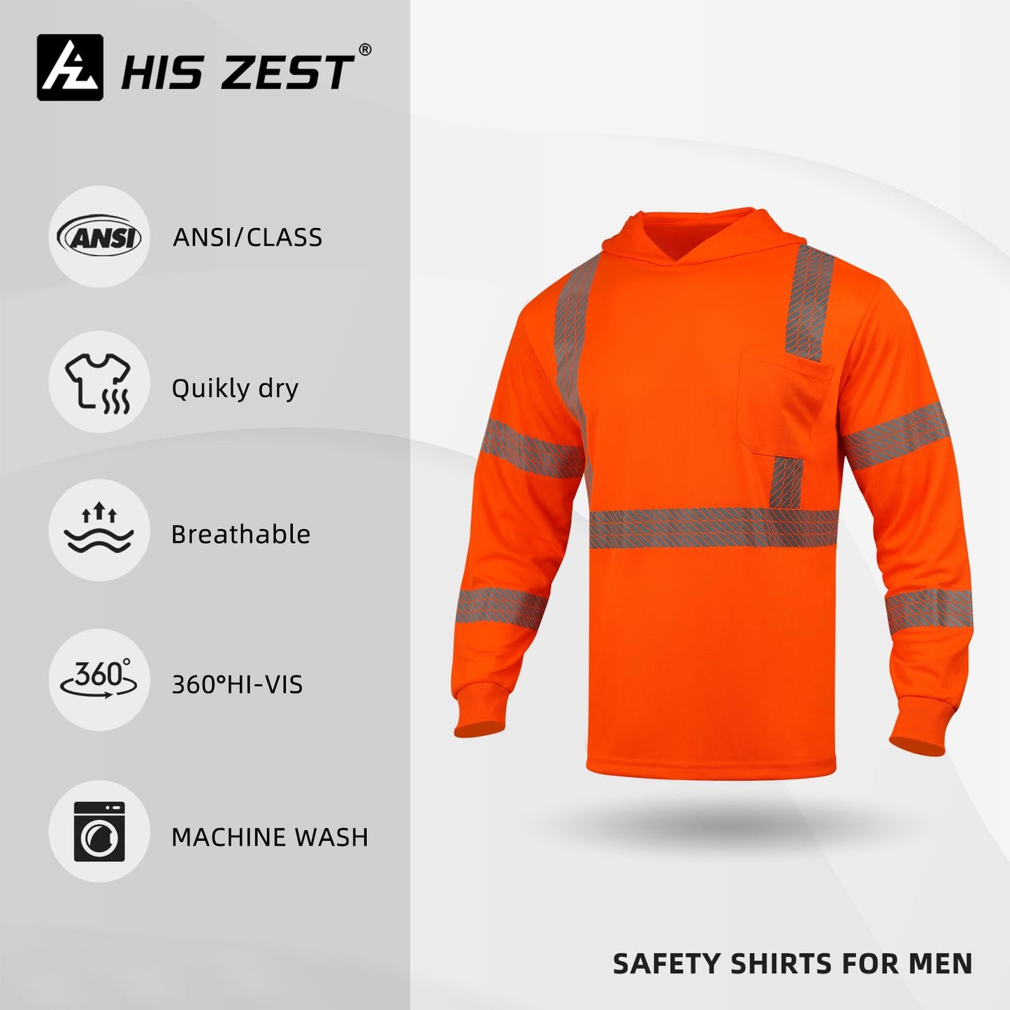 High Visibility Hoodies for Men,Safety Reflective Long Sleeve ANSI Class 3 Hi Vis Construction Work Shirts with Hood
