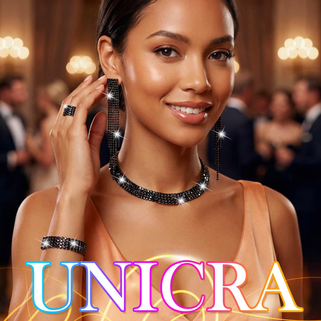 Unicra Rhinestone Bridal Wedding Jewelry Sets Silver Choker Necklace Earrings Bracelet Ring Set Prom Formal Costume Jewelry Set for Women and Brides