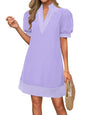 Wenrine Womens Summer V Neck Shift Dresses Casual Puff Short Sleeve Color Block Short Boho Beach Dresses with Pockets