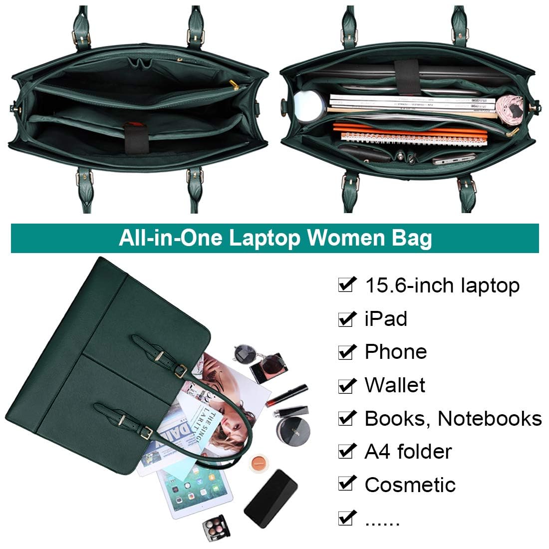 Laptop Bag for Women 15.6 Inch Leather Work Tote Briefcase Business Computer Shoulder Bag Large Capacity Waterproof Office Messenger Handbag Professional Teacher Nurse Carryall