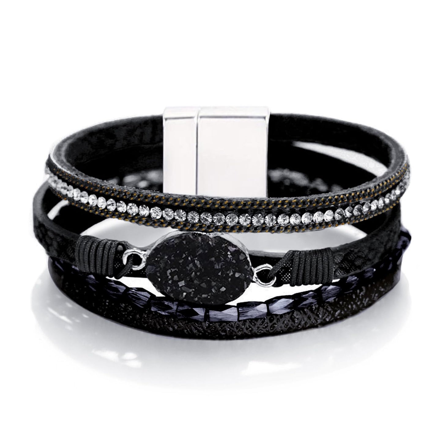 Fesciory Leopard Bracelet for Women, Boho Leather Wrap Multi-Layer Pearl Crystal Bracelet Bangle Jewelry