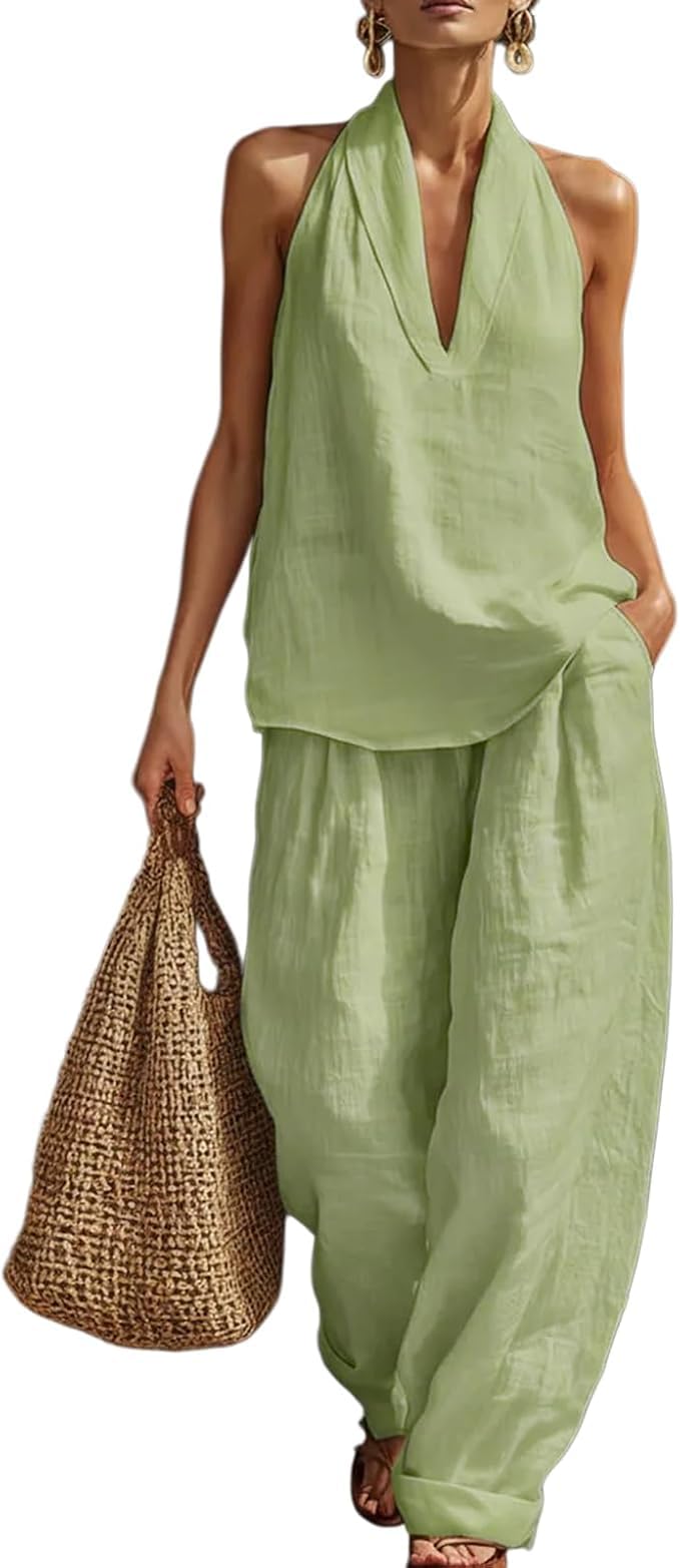 Womens Linen 2 Piece Sets 2026 Sleeveless V-Neck Halter Top Matching Baggy Wide Leg Pants Summer Lounge Set Vacation Outfits