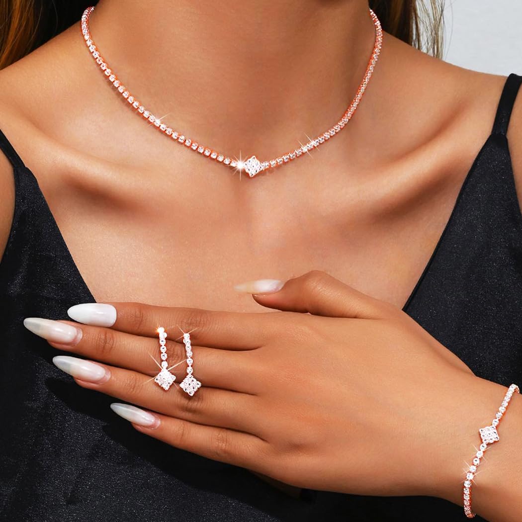 Aukmla Rhinestones Bridal Wedding Jewelry Sets Sparkly Necklace Earrings Bracelet Set Prom Formal Jewelry for Brides and Women