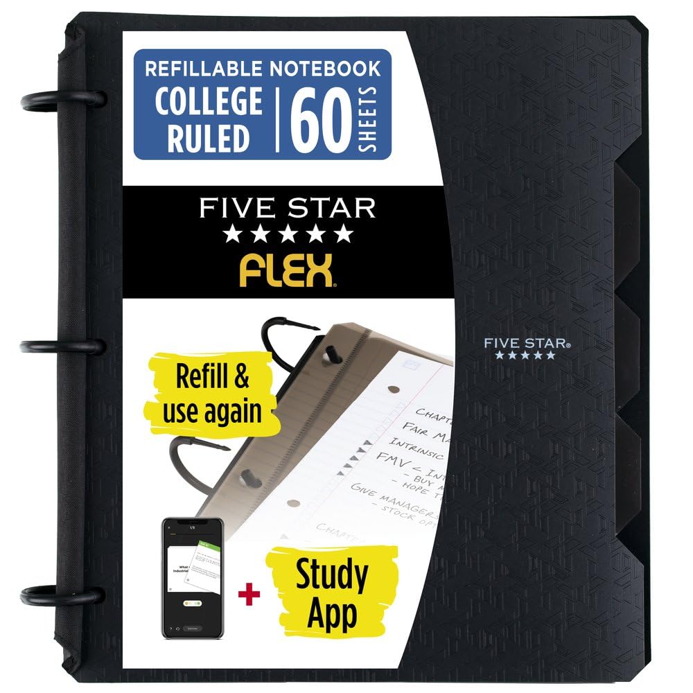 Five Star Flex Refillable Notebook + Study App 1 Inch O-Rings Binder with Pockets Tabs and Dividers, 220 Sheet Capacity, Includes 60 Sheets 8.5" x 11" College Ruled Paper, Amethyst (29328AB6)