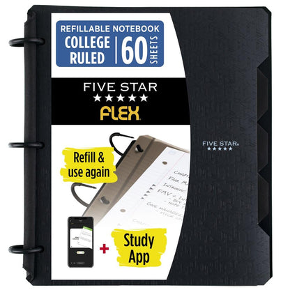 Five Star Flex Refillable Notebook + Study App 1 Inch O-Rings Binder with Pockets Tabs and Dividers, 220 Sheet Capacity, Includes 60 Sheets 8.5" x 11" College Ruled Paper, Amethyst (29328AB6)