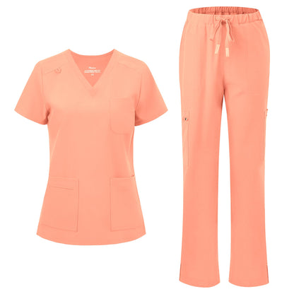 floralhue Scrubs for Women, V-Neck Straight Leg Pants with 12 Pockets | Slit Hem Cargo Pant Storage, Yoga Waistband, Water Resistance, For Nurses, Clinics, Long Shifts, Daily Medical Uniforms