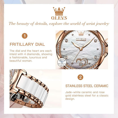 OLEVS Automatic Watches for Women Rose Gold Fashion Diamond Dress Ladies Wrist Watch Self Winding Mechanical Two Tone Ceramic Band Waterproof
