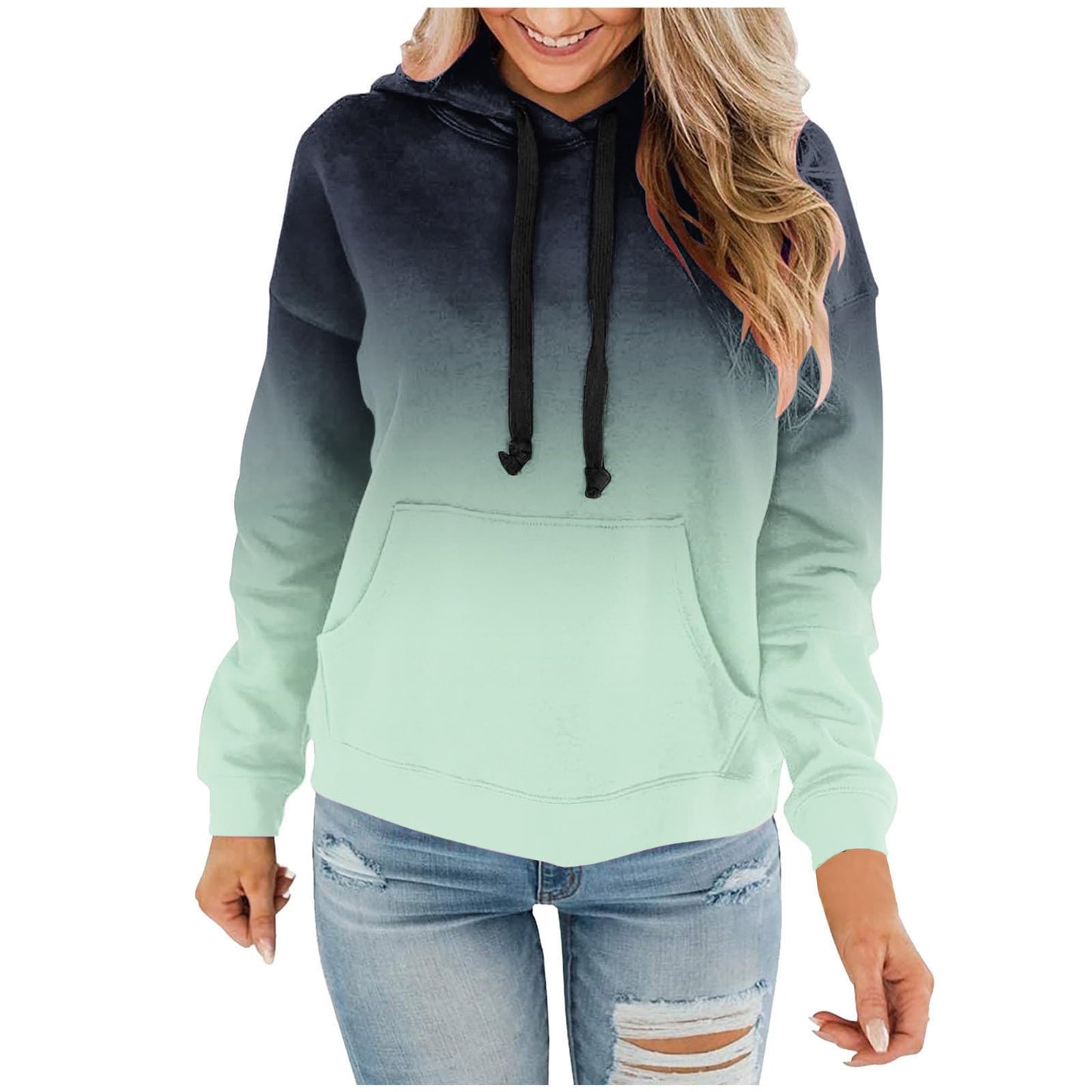 Women Gradient Tie Dye Pullover Hoodie Long Sleeve Drawstring With Pocket Oversized Casual Street Sweatshirts