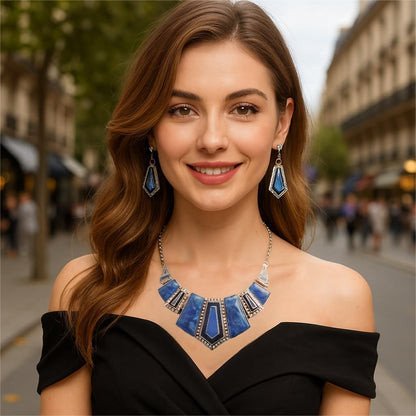 YAZILIND Vintage Ethnic Tibetan Silver Irregular Rhinestone Bib Collar Earrings Necklace Jewelry Set