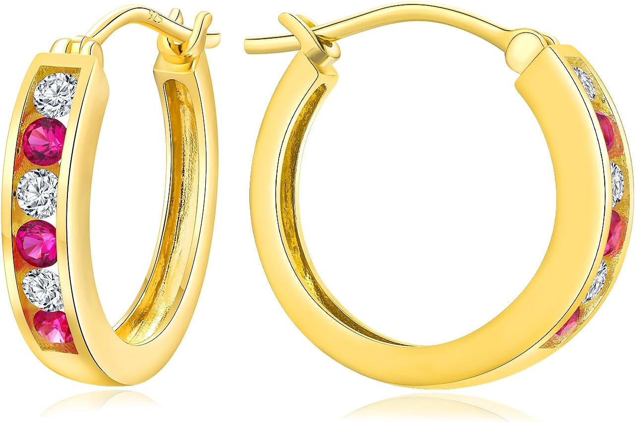 14K Gold Plated/925 Sterling Silver Birthstone Hoop Earrings for Women | 18mm Created Gemstone Hoops,Hypoallergenic and Lightweight,Birthday Mother's Day Jewelry(with Gift Box)