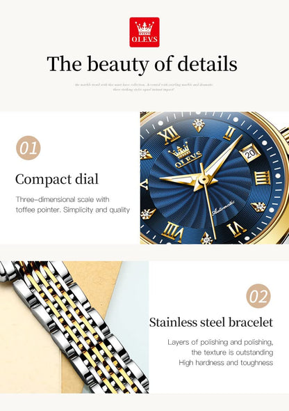 OLEVS Womens Automatic Watches Gold Classic Diamond Ladies Self Winding Mechanical Two Tone Stainless Steel Wrist Watch Date