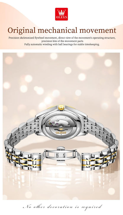 OLEVS Womens Automatic Watches Gold Classic Diamond Ladies Self Winding Mechanical Two Tone Stainless Steel Wrist Watch Date