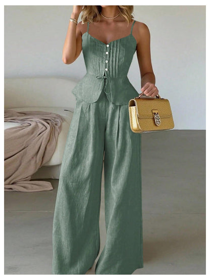 SOLY HUX Women's 2 Piece Summer Outfit Button Down Peplum Cami Top and Wide Leg Pants Set
