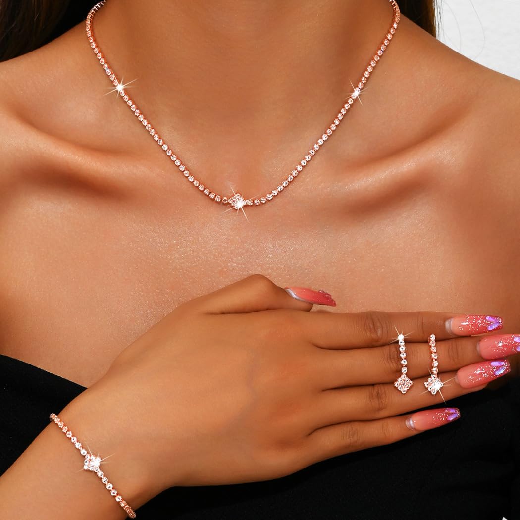 Aukmla Rhinestones Bridal Wedding Jewelry Sets Sparkly Necklace Earrings Bracelet Set Prom Formal Jewelry for Brides and Women