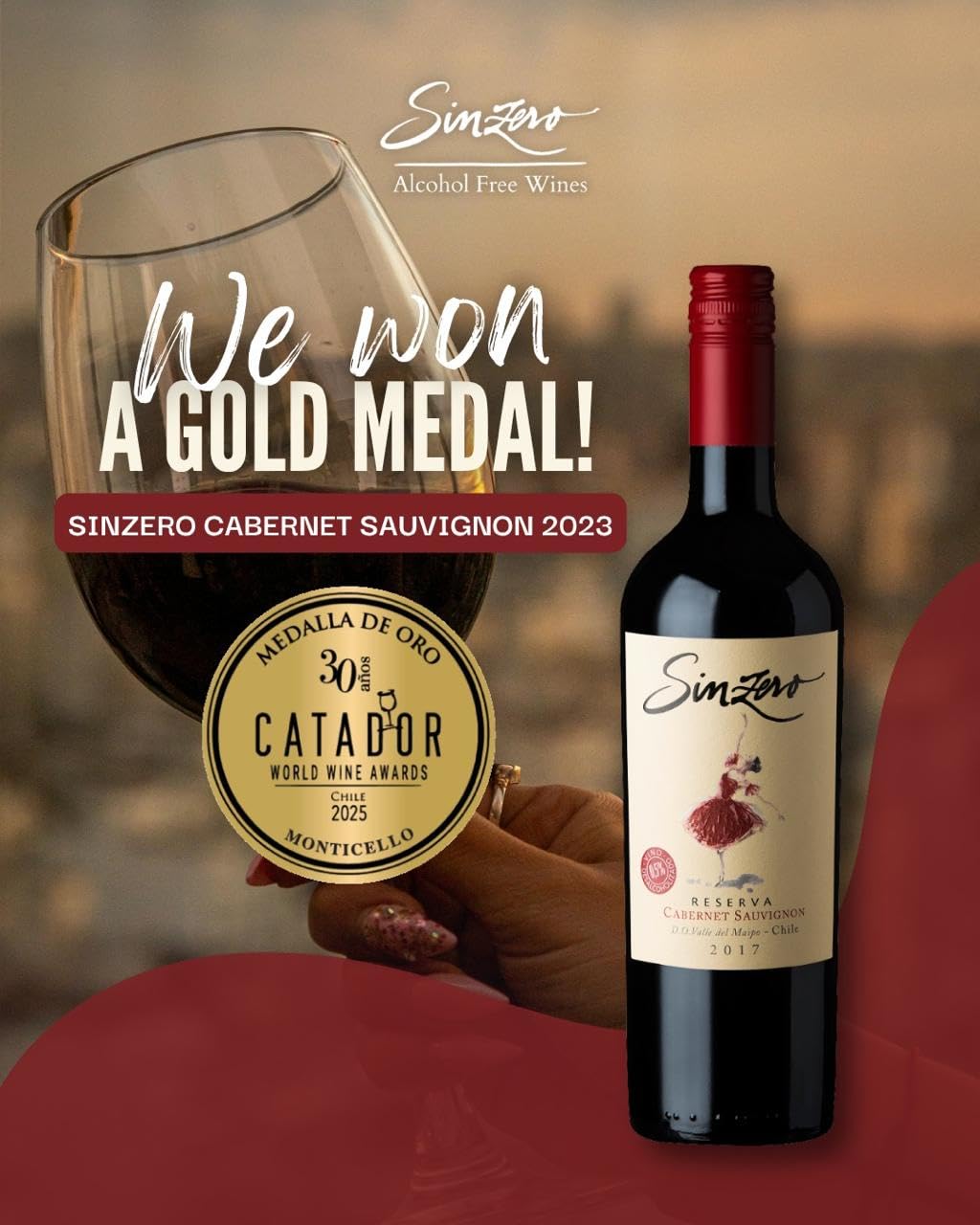 SINZERO - Cabernet Sauvignon - 750 ml 6 Pack - Non-alcoholic red wine - Aged in French oak for smooth rich flavor - Low calories, vegan friendly - Made in Chile