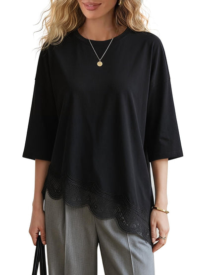 EXLURA Womens Summer Oversized Lace Trim T Shirts 2026 Casual Half Sleeve Asymmetrical Hem Tops Loose Crewneck Tunic Blouse