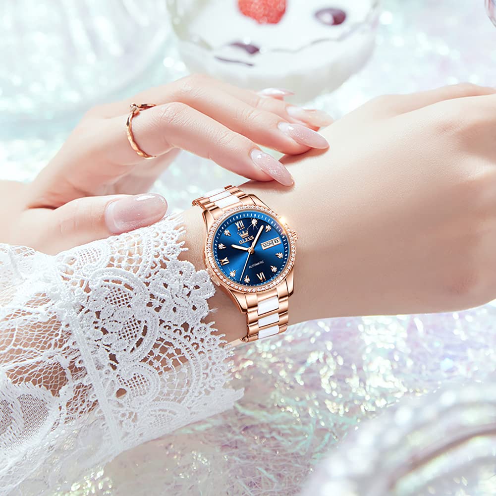 OLEVS Automatic Watches for Women Rose Gold Fashion Diamond Dress Ladies Wrist Watch Self Winding Mechanical Two Tone Ceramic Band Waterproof