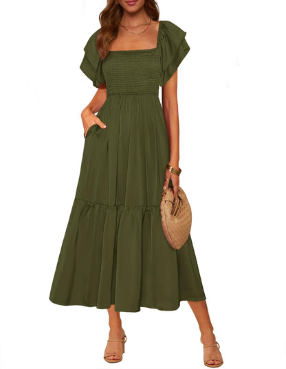 MASCOMODA Womens Summer Casual Midi Dress Square Neck Ruffle Short Sleeve Smocked High Waist A Line Wedding Guest Dresses