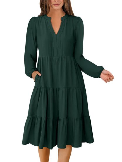 ANRABESS Womens V Neck Long Sleeve Midi Dress | Swing Flowy Tiered with Pockets, Soft Fabric, Boho Beach Vacation Dresses, Loose Fit Casual, Fall Winter Transition Clothes