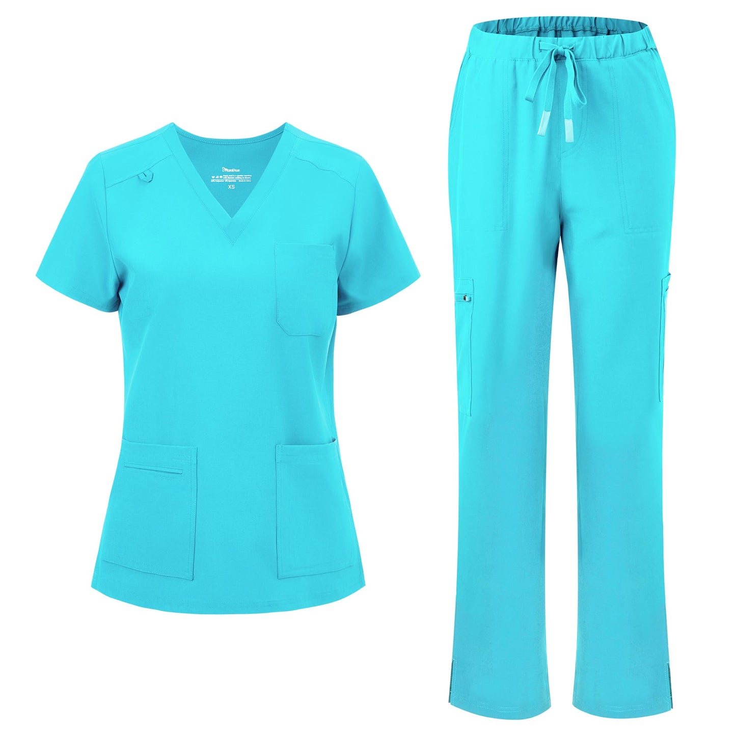 floralhue Scrubs for Women, V-Neck Straight Leg Pants with 12 Pockets | Slit Hem Cargo Pant Storage, Yoga Waistband, Water Resistance, For Nurses, Clinics, Long Shifts, Daily Medical Uniforms