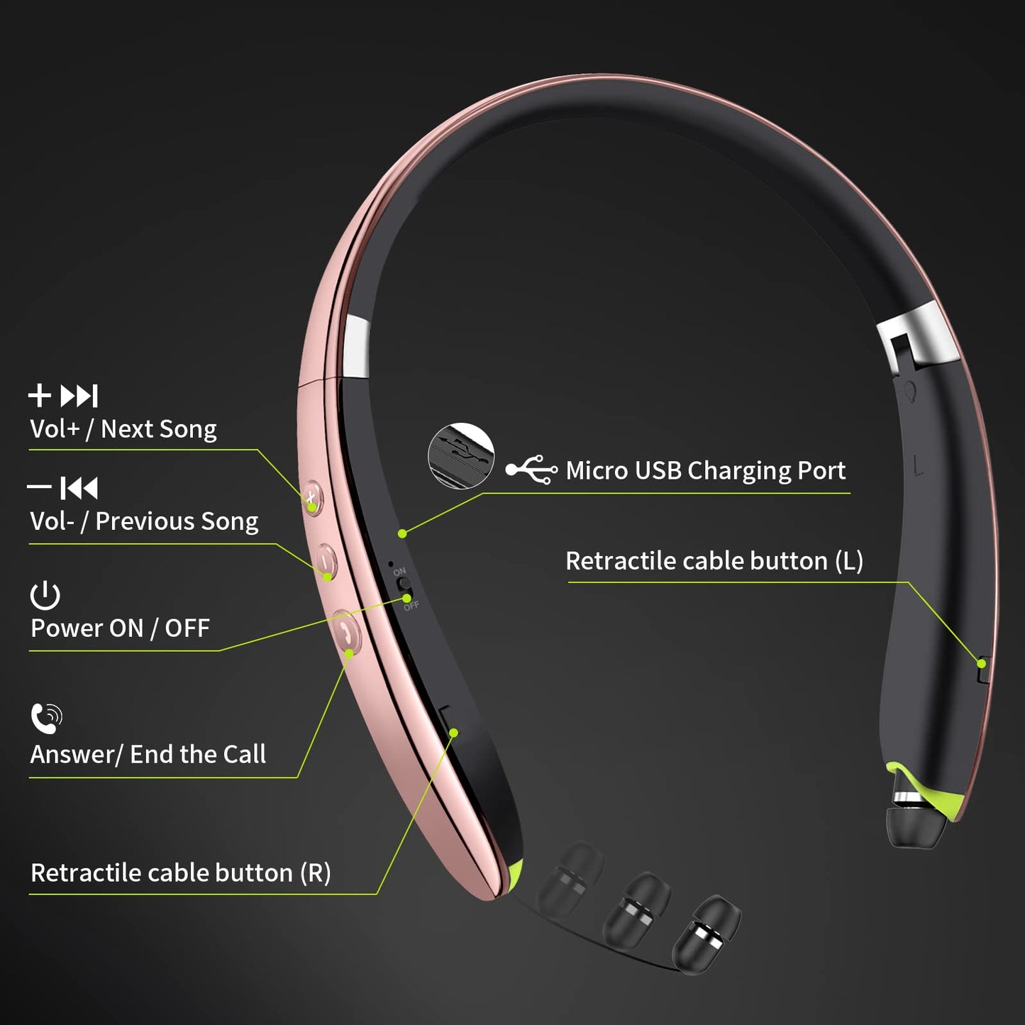Bluetooth Headset, 2026 Upgraded Neckband Bluetooth Headphones with Retractable Earbuds, Noise Cancelling Stereo Earphones with Mic, Foldable Wireless Headphones for Sports Office w/Carry Case(Black)