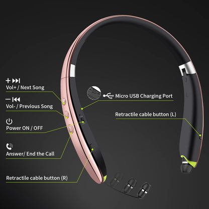 Bluetooth Headset, 2026 Upgraded Neckband Bluetooth Headphones with Retractable Earbuds, Noise Cancelling Stereo Earphones with Mic, Foldable Wireless Headphones for Sports Office w/Carry Case(Black)