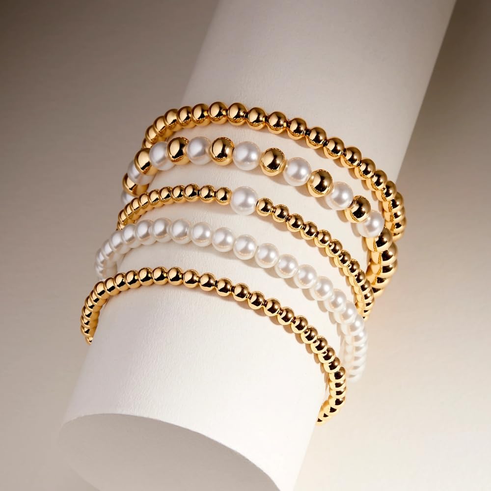 14K Gold Plated Pearl Beaded Cross Bracelets Stack Set for Women,Stretch Boho Colorful Christian Beads Ball Jewelry Friendship Summer Trendy Gift