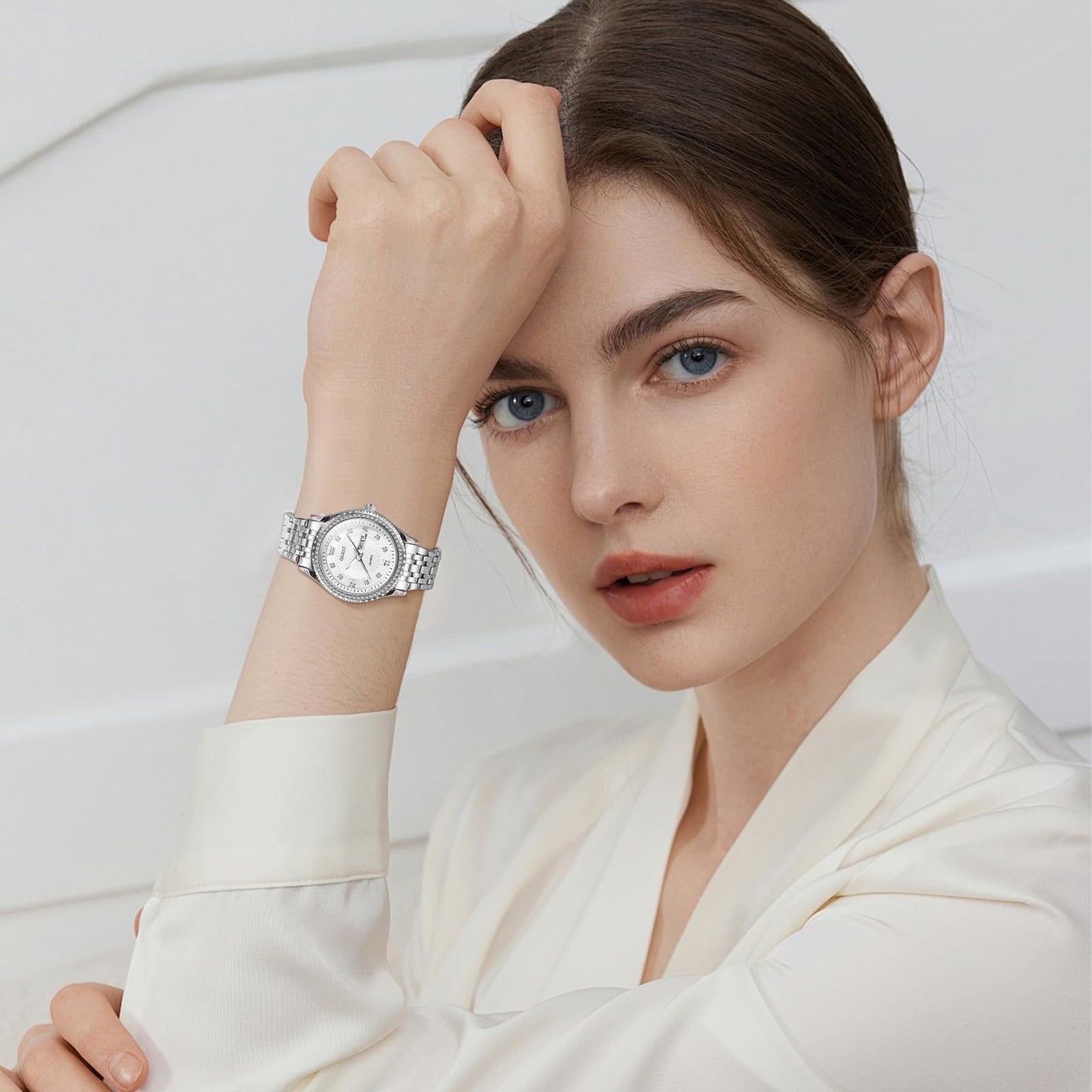 OLEVS Watches Women with Date Silver Stainless Steel Luxury Ladies Watches with Small Writs Diamond Watches for Women Waterproof Elegant Dress Quartz Analog Women's Wrist Watches Reloj de Mujer