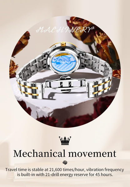 OLEVS Womens Automatic Watches Gold Classic Diamond Ladies Self Winding Mechanical Two Tone Stainless Steel Wrist Watch Date