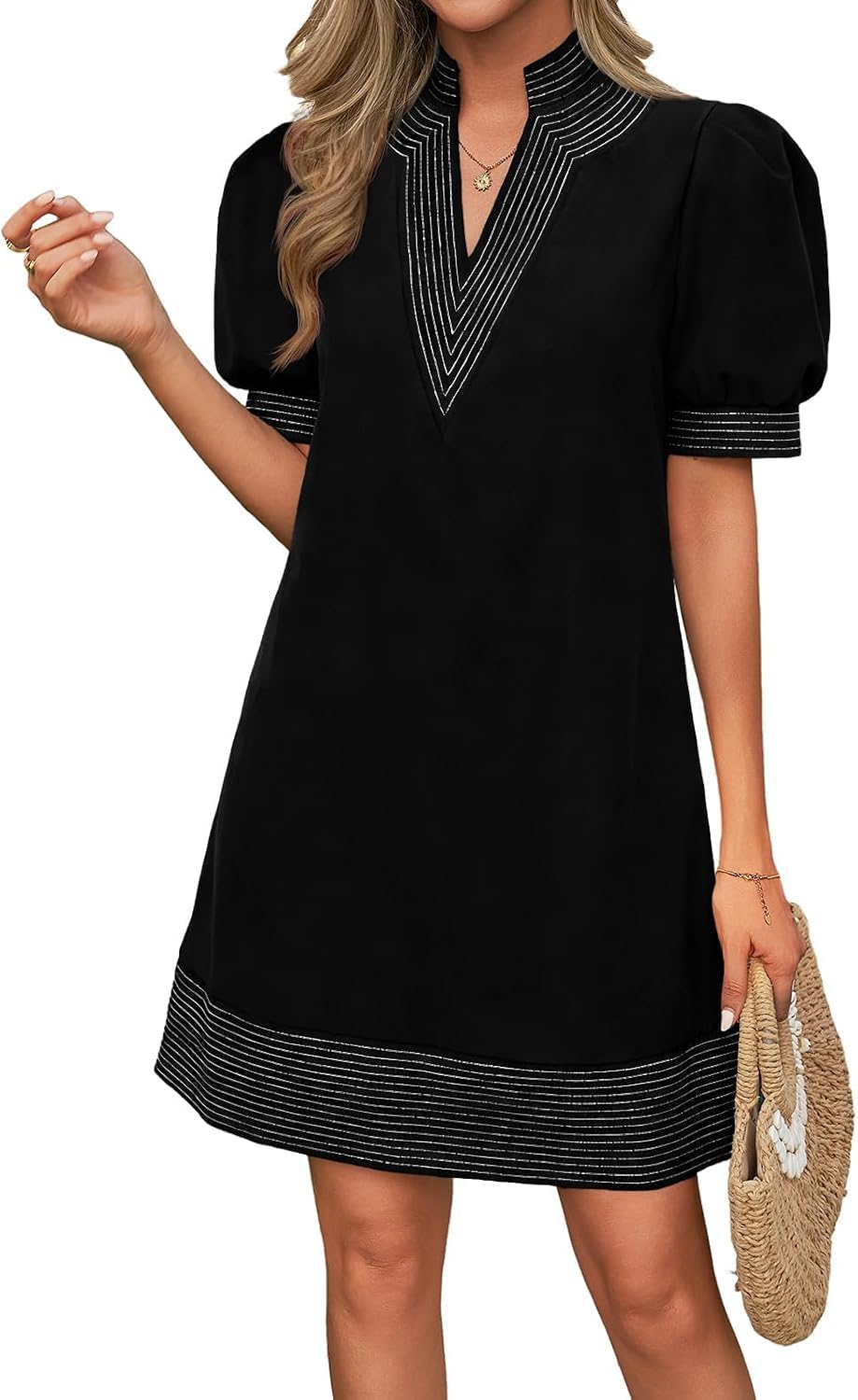 Wenrine Womens Summer V Neck Shift Dresses Casual Puff Short Sleeve Color Block Short Boho Beach Dresses with Pockets