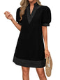 Wenrine Womens Summer V Neck Shift Dresses Casual Puff Short Sleeve Color Block Short Boho Beach Dresses with Pockets