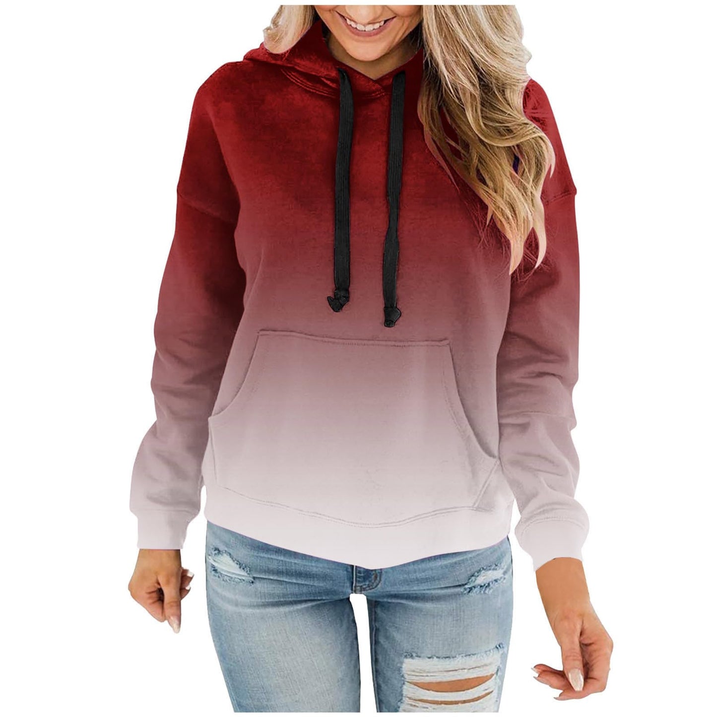 Women Gradient Tie Dye Pullover Hoodie Long Sleeve Drawstring With Pocket Oversized Casual Street Sweatshirts