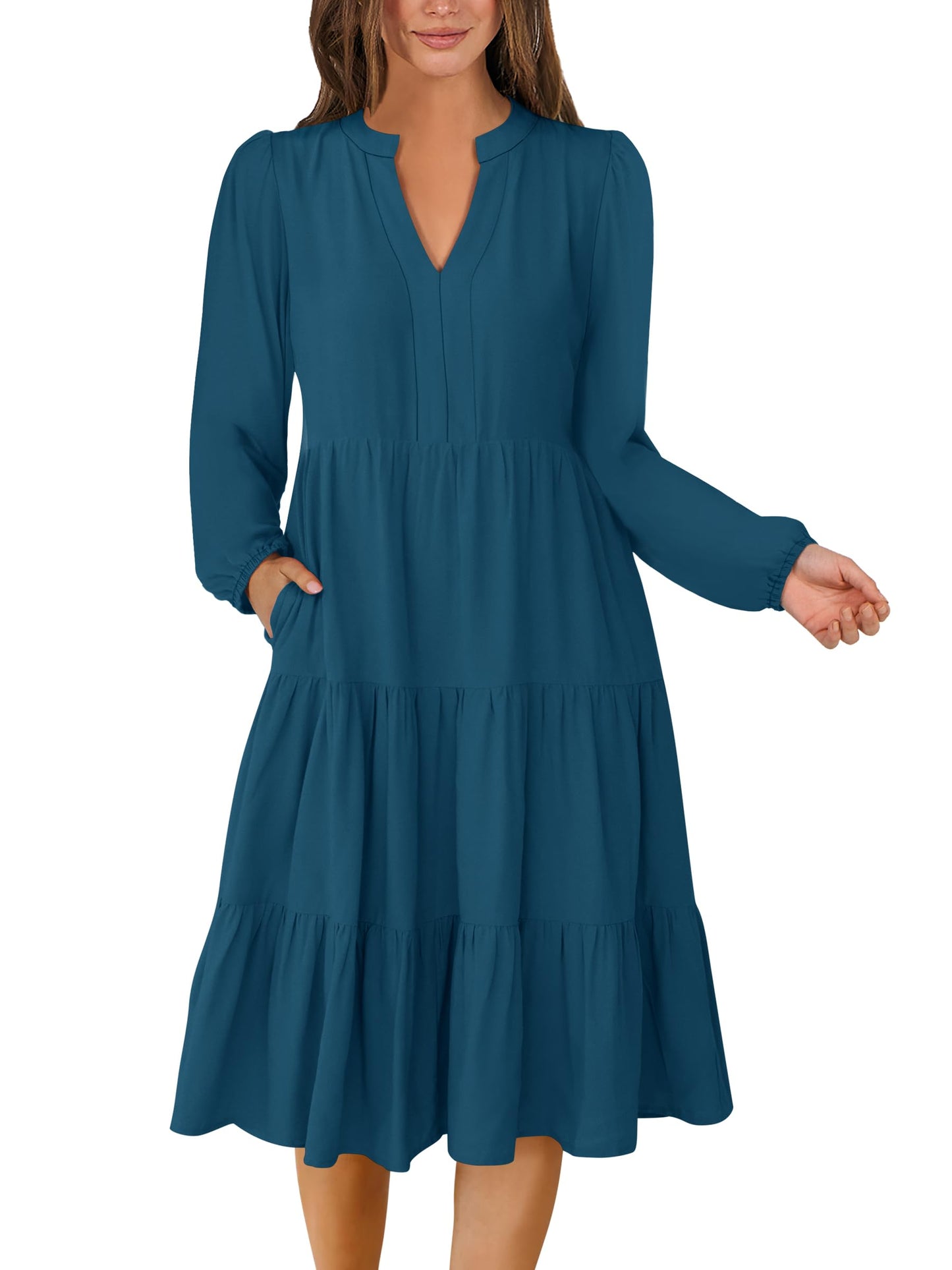 ANRABESS Womens V Neck Long Sleeve Midi Dress | Swing Flowy Tiered with Pockets, Soft Fabric, Boho Beach Vacation Dresses, Loose Fit Casual, Fall Winter Transition Clothes