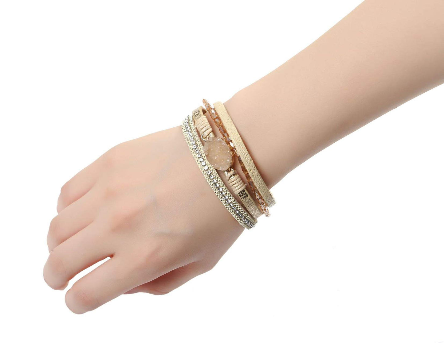 Fesciory Leopard Bracelet for Women, Boho Leather Wrap Multi-Layer Pearl Crystal Bracelet Bangle Jewelry