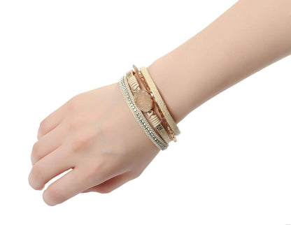 Fesciory Leopard Bracelet for Women, Boho Leather Wrap Multi-Layer Pearl Crystal Bracelet Bangle Jewelry